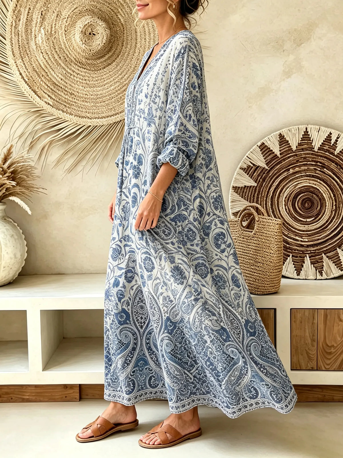 Women's Blue Porcelain Paisley Vintage Print V-Neck Boho Maxi Dress