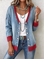 Women Rib‑Spliced Denim V‑Neck Cardigan