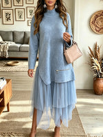 Women's Mock Neck Asymmetrical Tulle Hem Sweater Dress