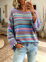 Women Ethnic Geometric Stripe Crew Neck Loose Long Sleeve Knit Sweater