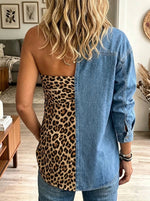 Women Denim Leopard Spliced Shirt Collar Long Sleeve Button Down Asymmetrical Blouse