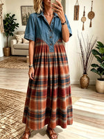 Women's Denim Yoke Plaid Maxi Dress