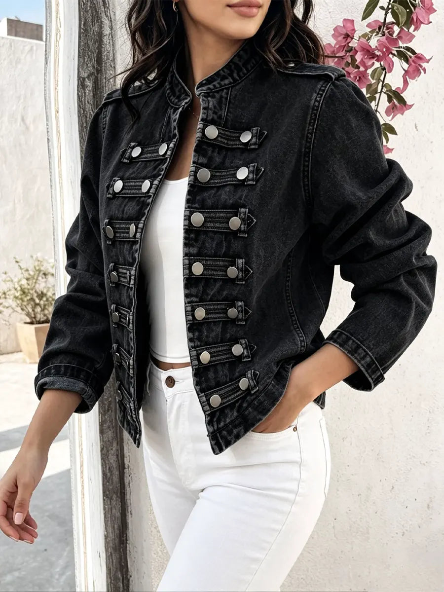 Retro Solid Color Stand Collar Art Casual Stylish Long Sleeve Denim Coat