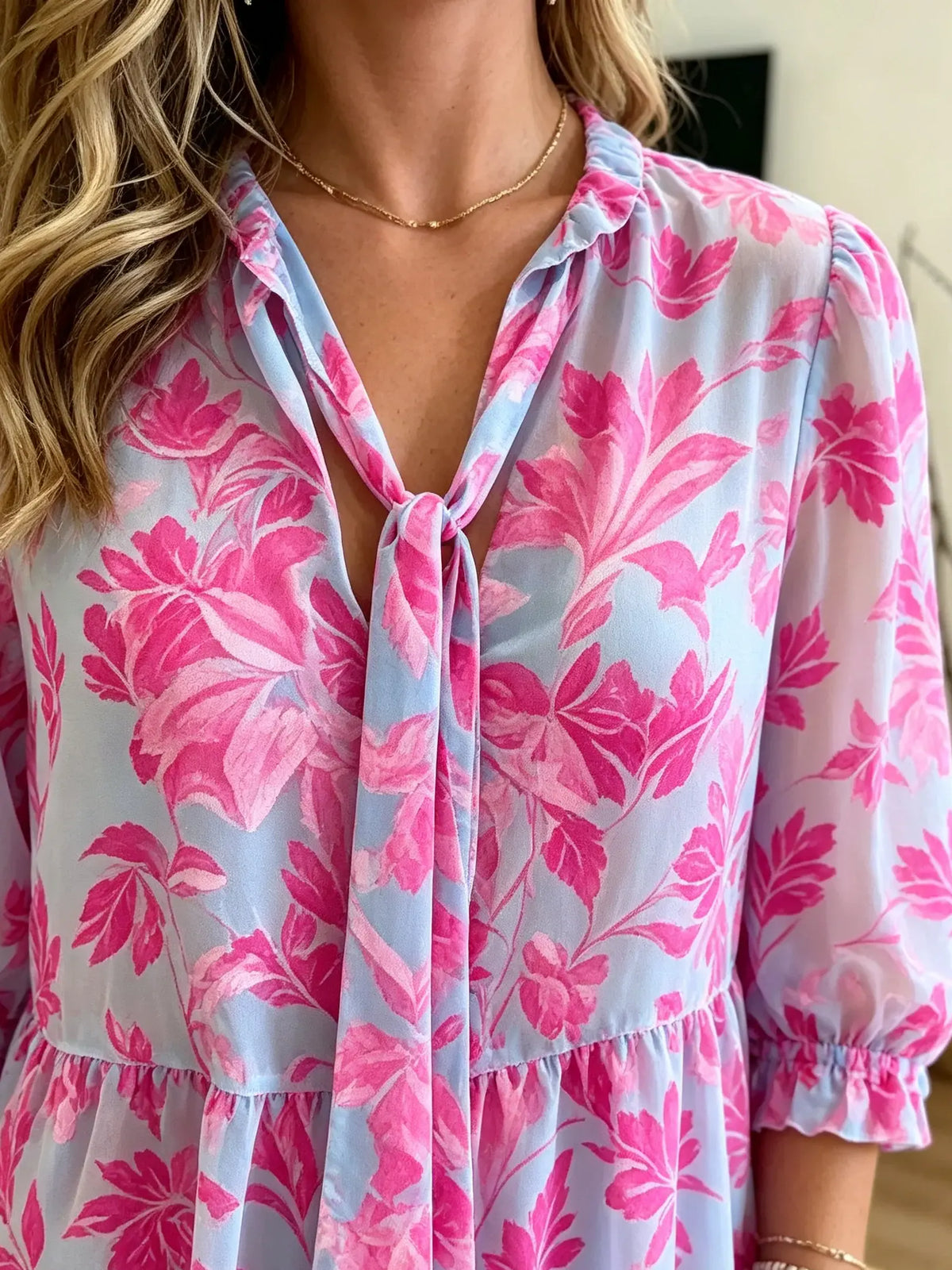 Women's Floral Print Tie-Neck Tiered Maxi Dress