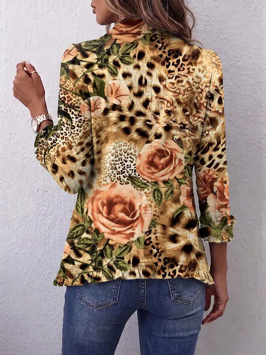 Retro Floral Leopard Pattern Art Print Ruffle Casual Stylish Cotton Lapel Coat