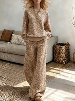 Vintage Elegant Leopard-print Sweatshirt And Casual Trousers Two-piece Set