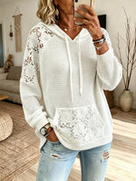 Women Floral Hollow‑Out Mesh Hooded Knit Sweatshirt