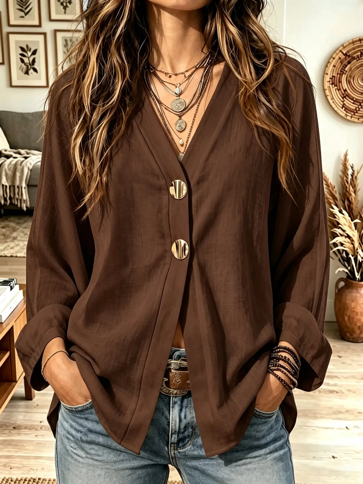 Women's Button Split V-Neck Textured Blouse