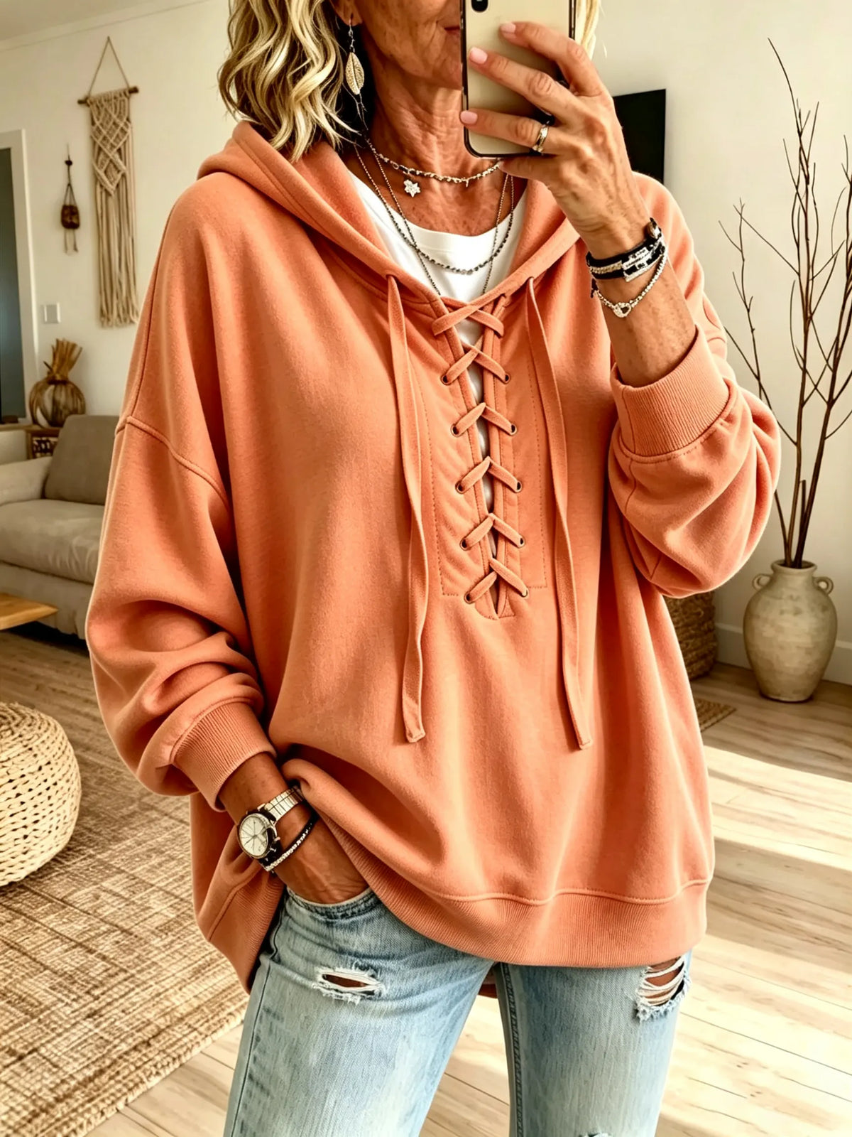 Women Light Blue Front Lace-Up V-Neck Oversized Drop Shoulder Hoodie
