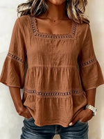 Retro Elegant Lace Floral Hollow Square Collar Casual Stylish Cotton Shirt