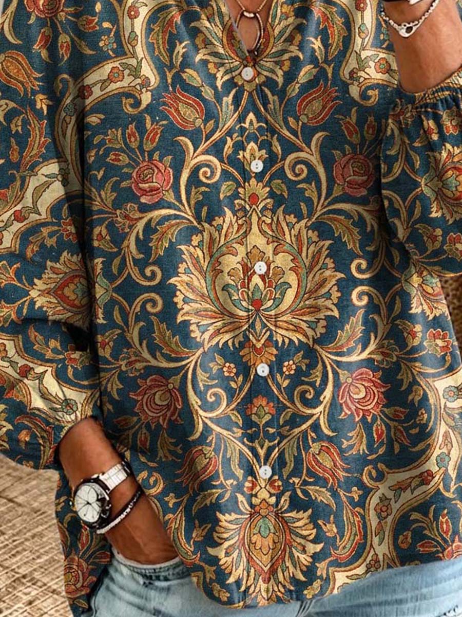 Retro Floral Pattern Art Print Casual Long Sleeve Cotton Linen Shirt