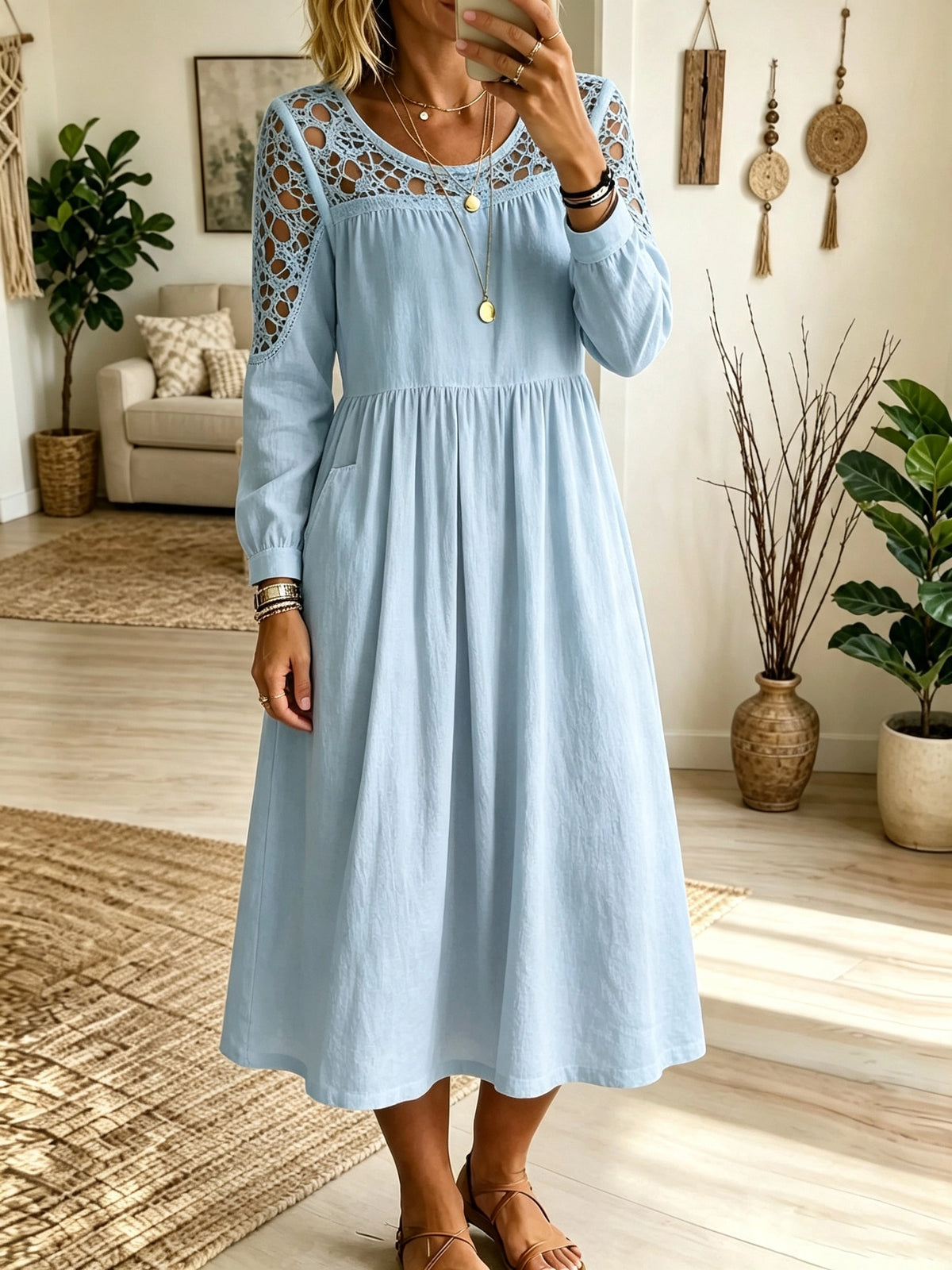 Women's Crochet Cutout Yoke Midi Dress