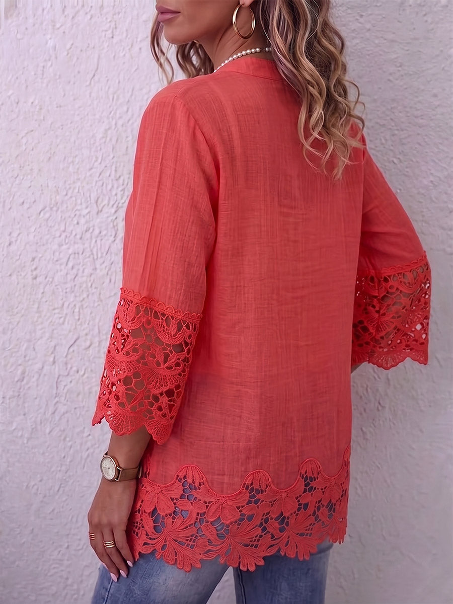 Vintage Elegant Cotton Linen Patchwork Hollowed Out Lace Shirt