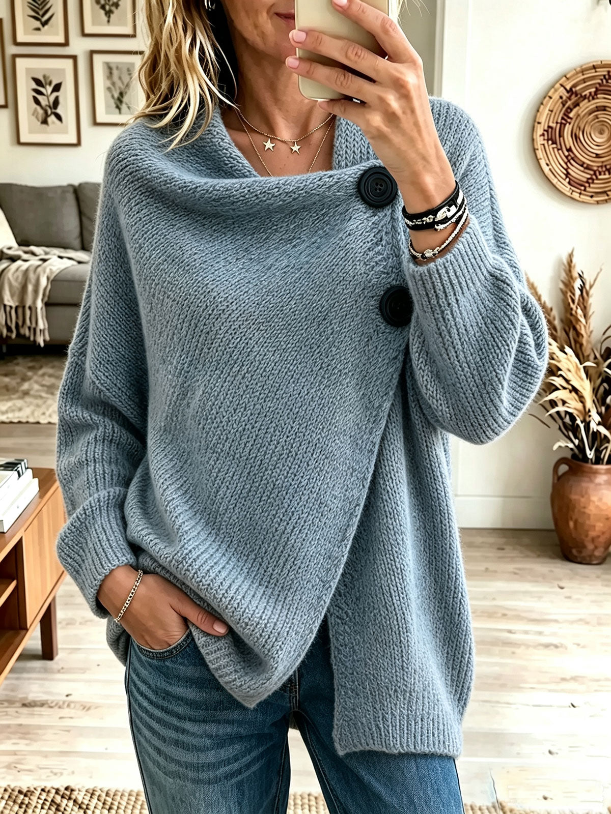 Women's Cowl Neck Oversized Knit Cardigan, Button Wrap Loose Long Sleeve Sweater Coat