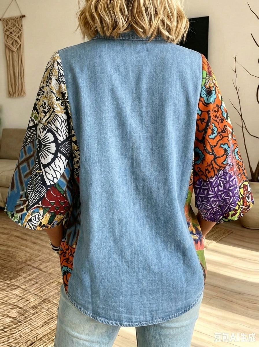 Women Denim Patchwork Shirt Collared Colorful Print Batwing 3/4 Sleeve Button‑Down Top