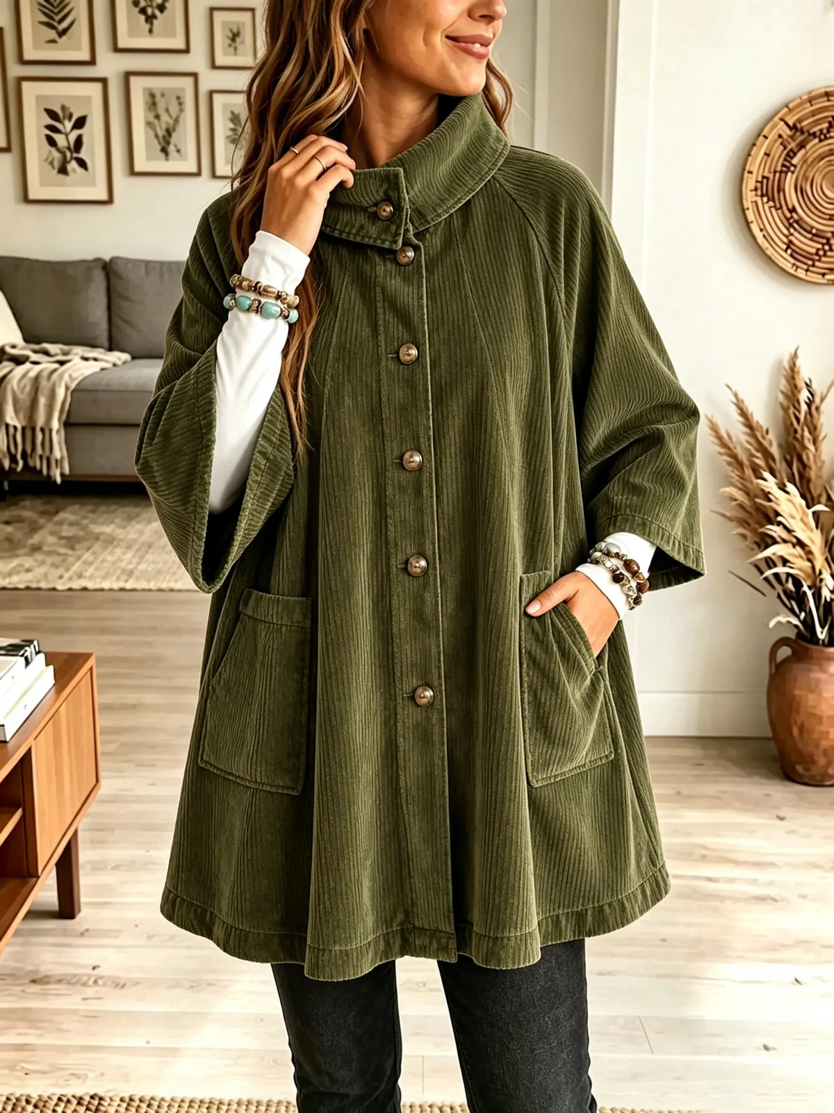 Women's Stand Collar Oversized Corduroy Poncho Coat