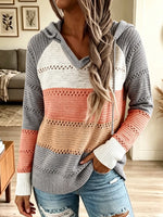 Women's Striped Knit Drawstring Hooded Sweater