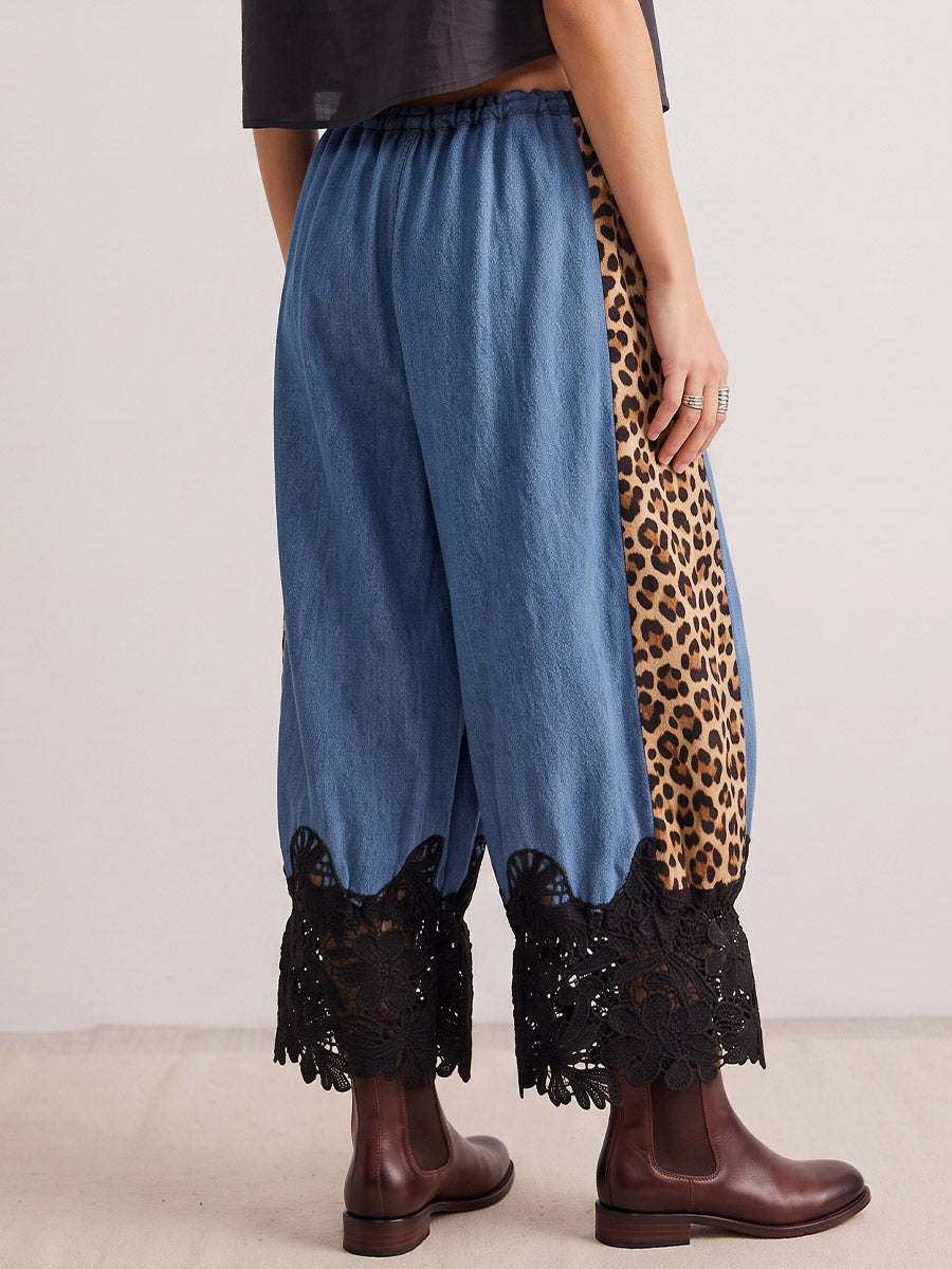 Vintage Elegant Hollowed Out Lace Patchwork Denim Jeans Pants