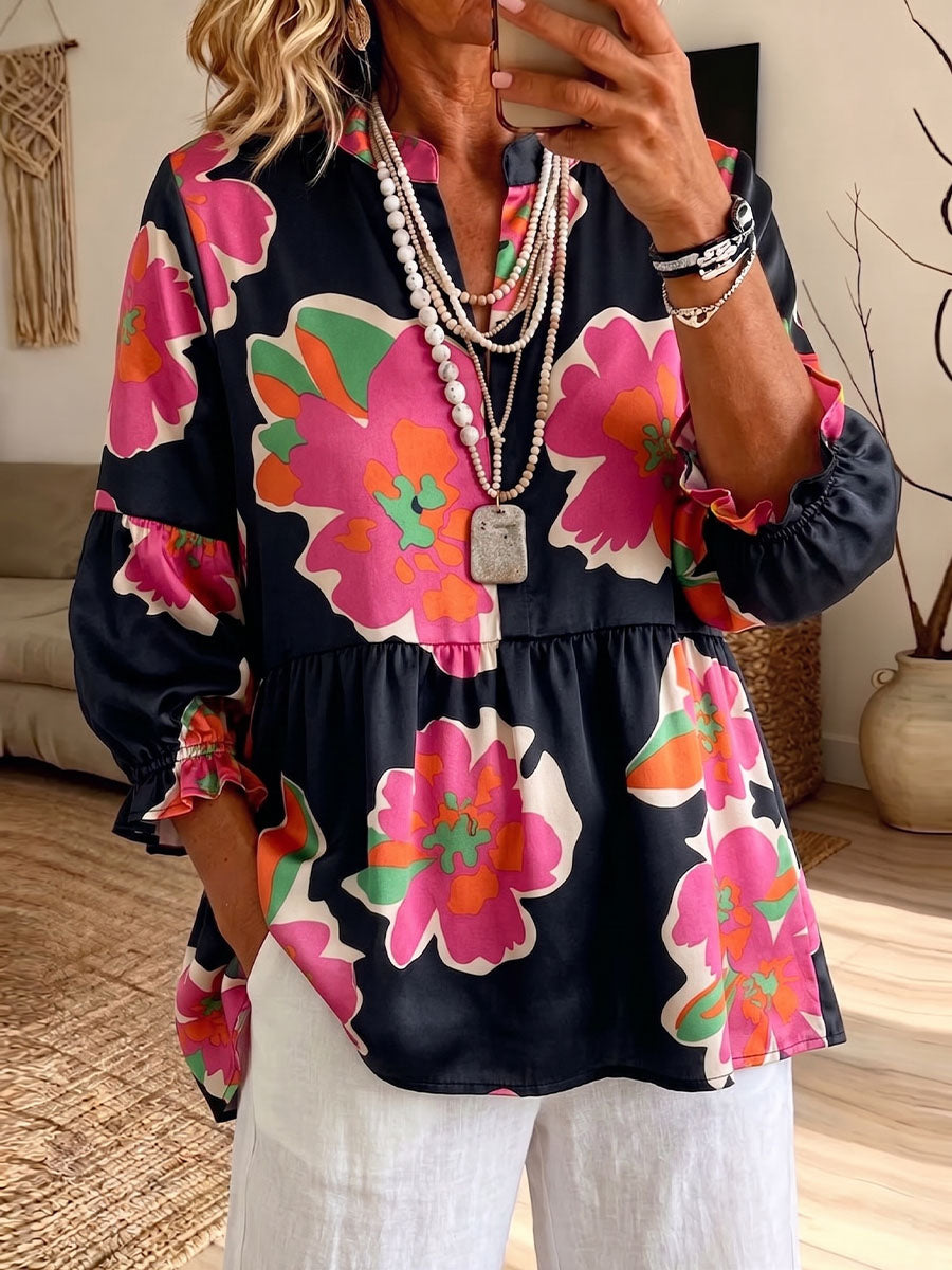 Vintage Elegant Ruffled Floral Patterned Shirt