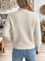 Women's Off-White High Neck Knit Sweater with 3D Rose Flower Appliques