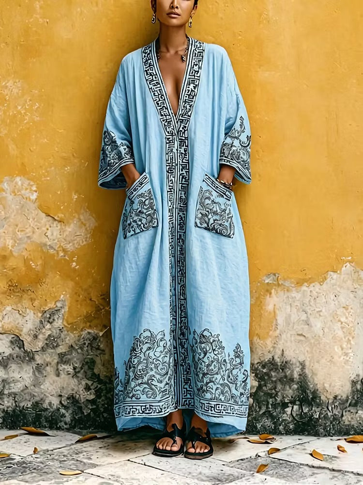 Women Boho Printed Open Front Maxi Kimono Cover Up With Pockets