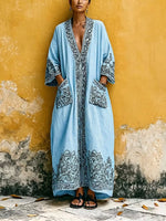 Women Boho Printed Open Front Maxi Kimono Cover Up With Pockets