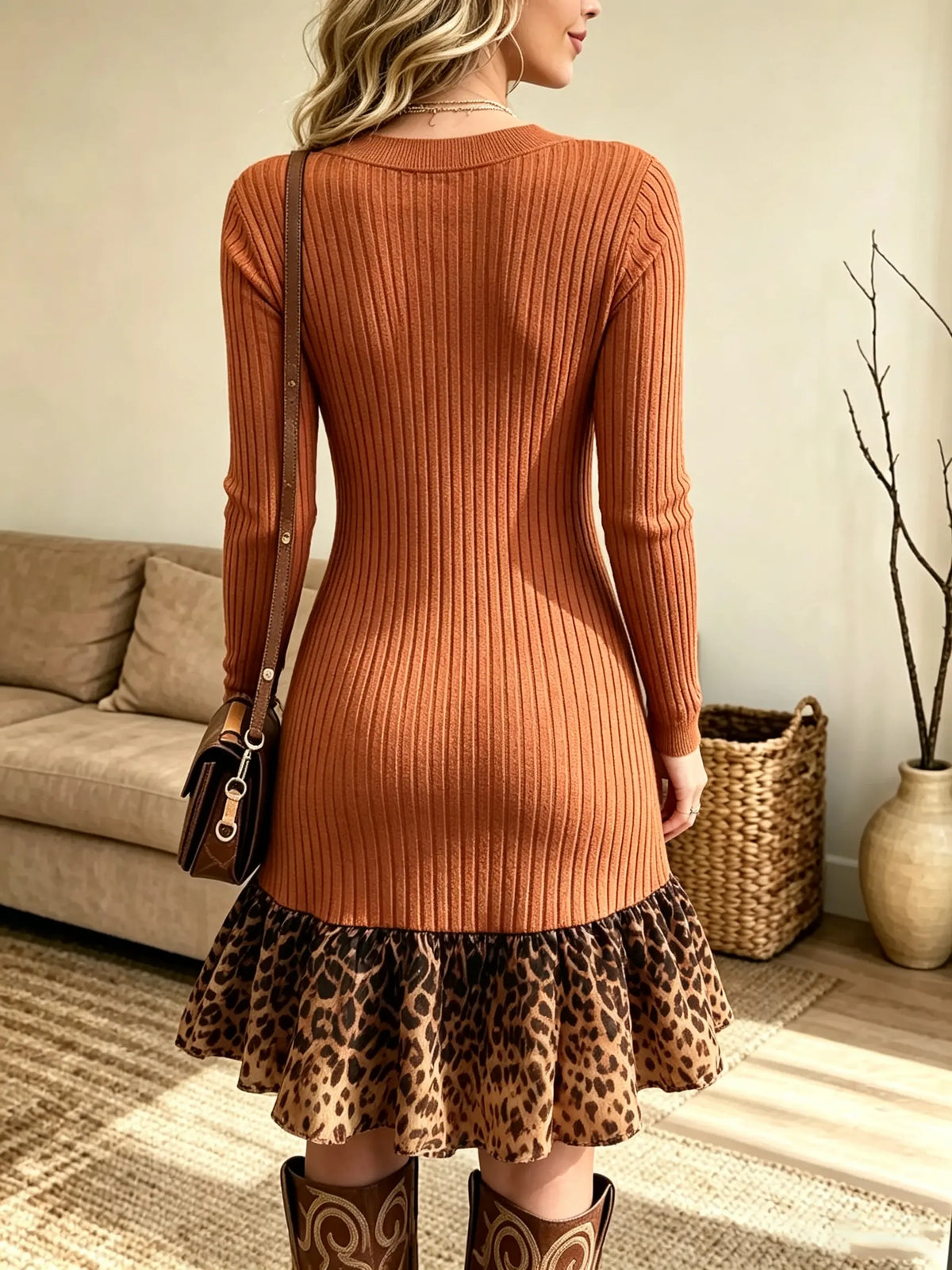 Women's Ribbed V-Neck Leopard Ruffle Dress