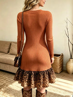 Women's Ribbed V-Neck Leopard Ruffle Dress