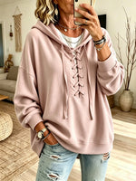 Women Light Blue Front Lace-Up V-Neck Oversized Drop Shoulder Hoodie