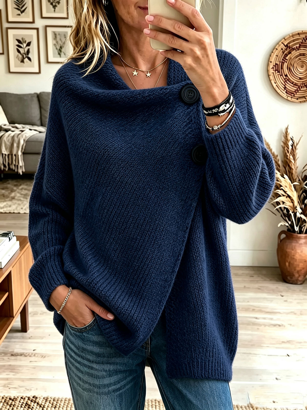 Women's Cowl Neck Oversized Knit Cardigan, Button Wrap Loose Long Sleeve Sweater Coat