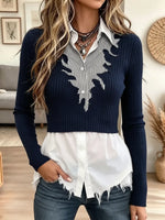 This Fashion-forward Faux Two-piece Knit Top Combines Knit Texture And Woven Shirt Design. The Outer Navy Ribbed Knit Layer Features Unique Distressed Cutout With Black-white Striped Patchwork At Chest. The Attached Inner Shirt Part Comes With Turn-down C