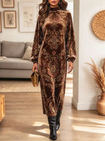 Retro Floral Pattern Art Print Casual Stylish Long Sleeve Velvet Dress