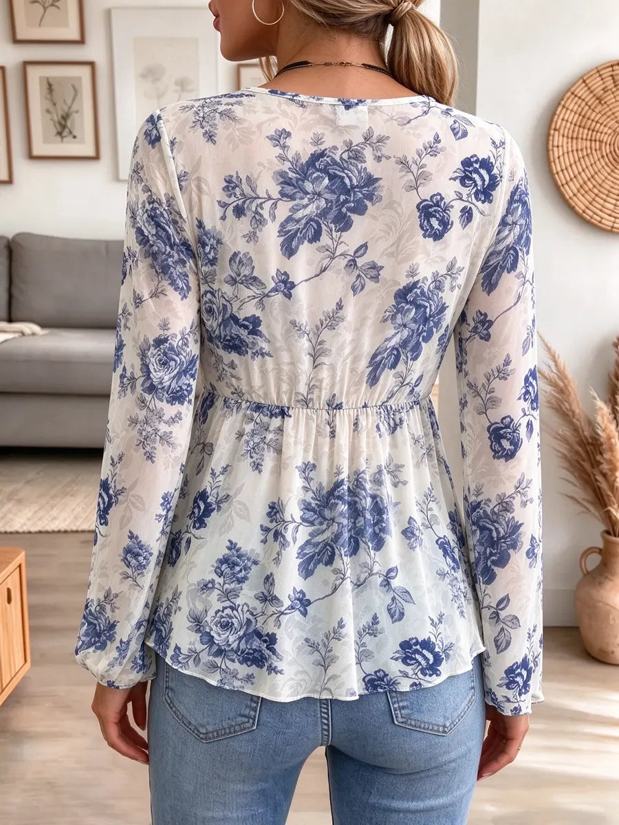 Retro Floral Pattern Art Print Casual Stylish Long Sleeve Mesh V Collar Shirt