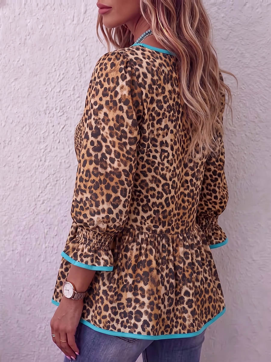 Vintage Elegant Cotton Linen Patchwork Elasticated Leopard Print Shirt