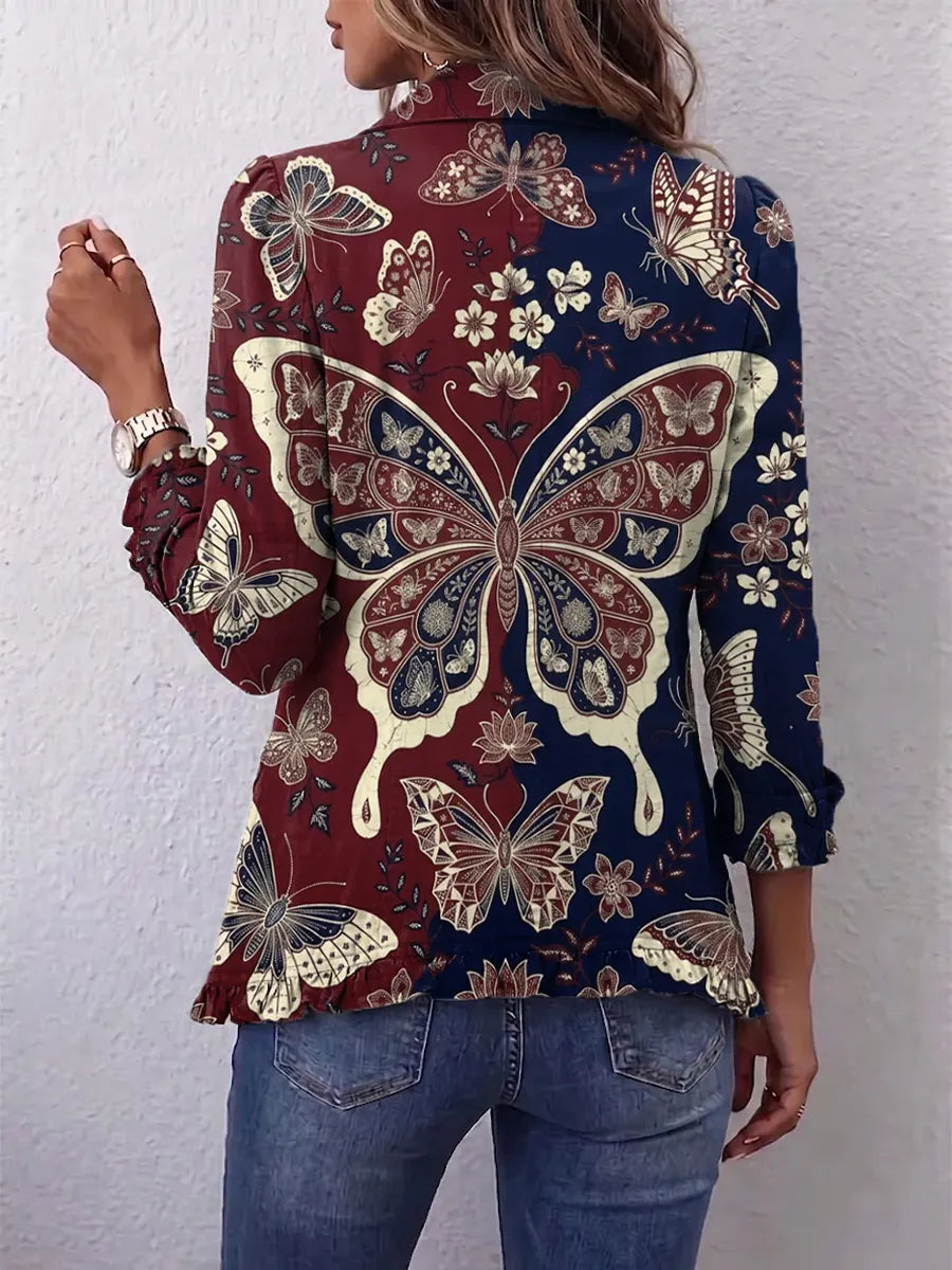 Retro Floral Butterfly Pattern Art Print Ruffle Casual Stylish Cotton Lapel Coat