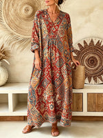 Women Vintage Ethnic Floral Geometric Print V-neck Maxi Dress