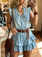 Women's Tiered Ruffle Sleeveless Denim Romper