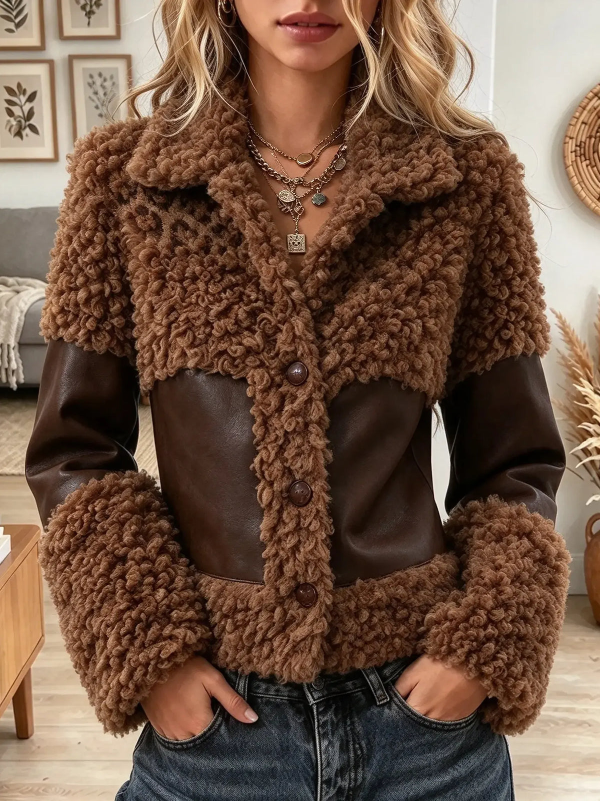 Women's Faux Leather Panel Sherpa Cardigan