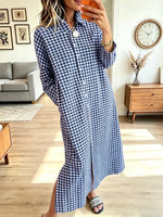 Vintage Plaid Pattern Lapel Art Casual Stylish Long Sleeve Dress