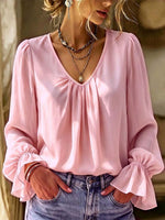 Solid Color Ruffle V Collar Art Stylish Casual Long Sleeve Shirt