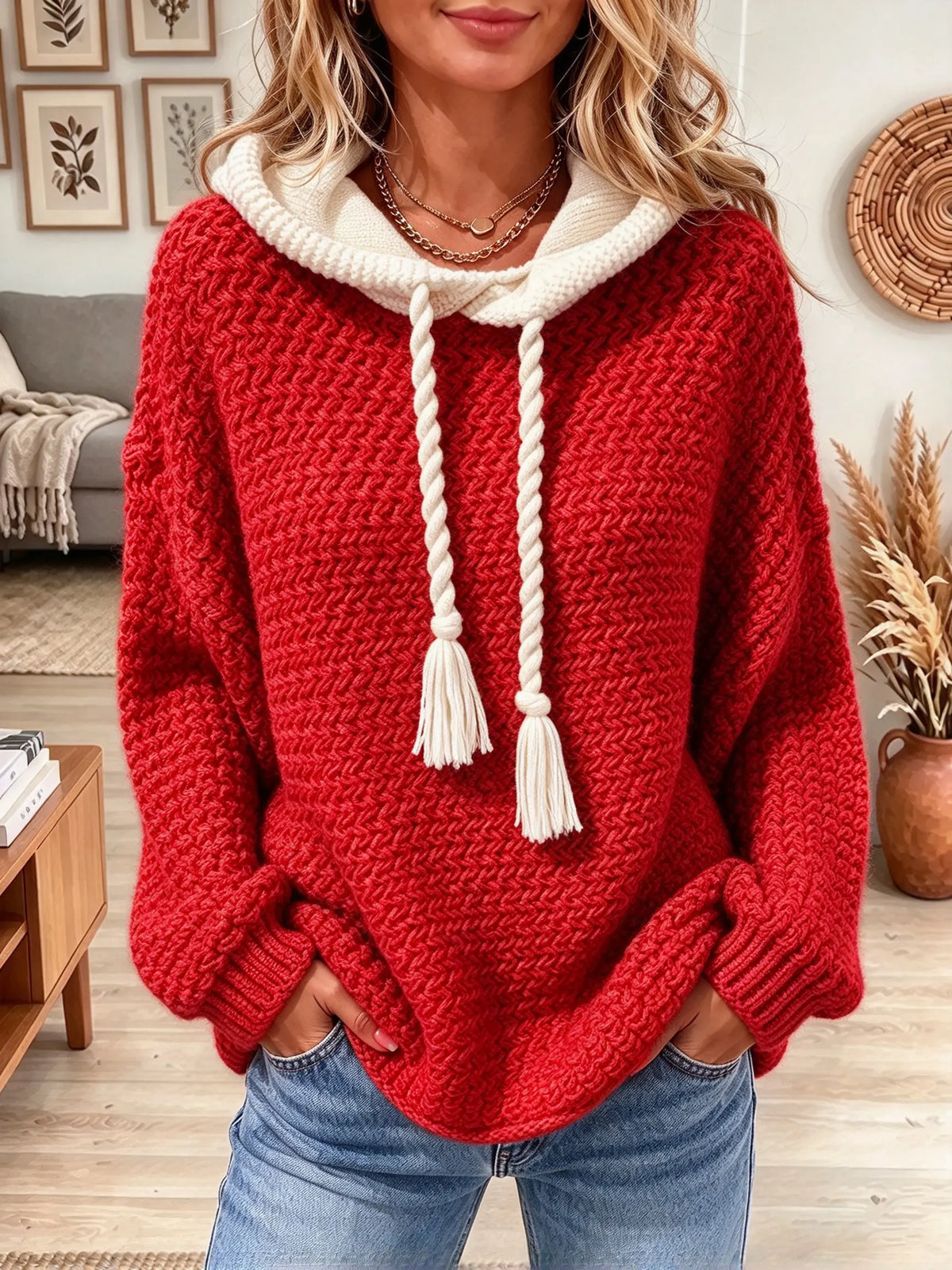 Women's Two-Tone Tassel Drawstring Knit Hoodie