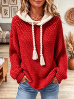 Women's Two-Tone Tassel Drawstring Knit Hoodie