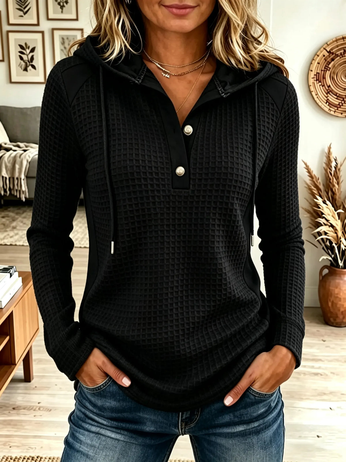 Women's Waffle Knit Colorblock Henley Hoodie