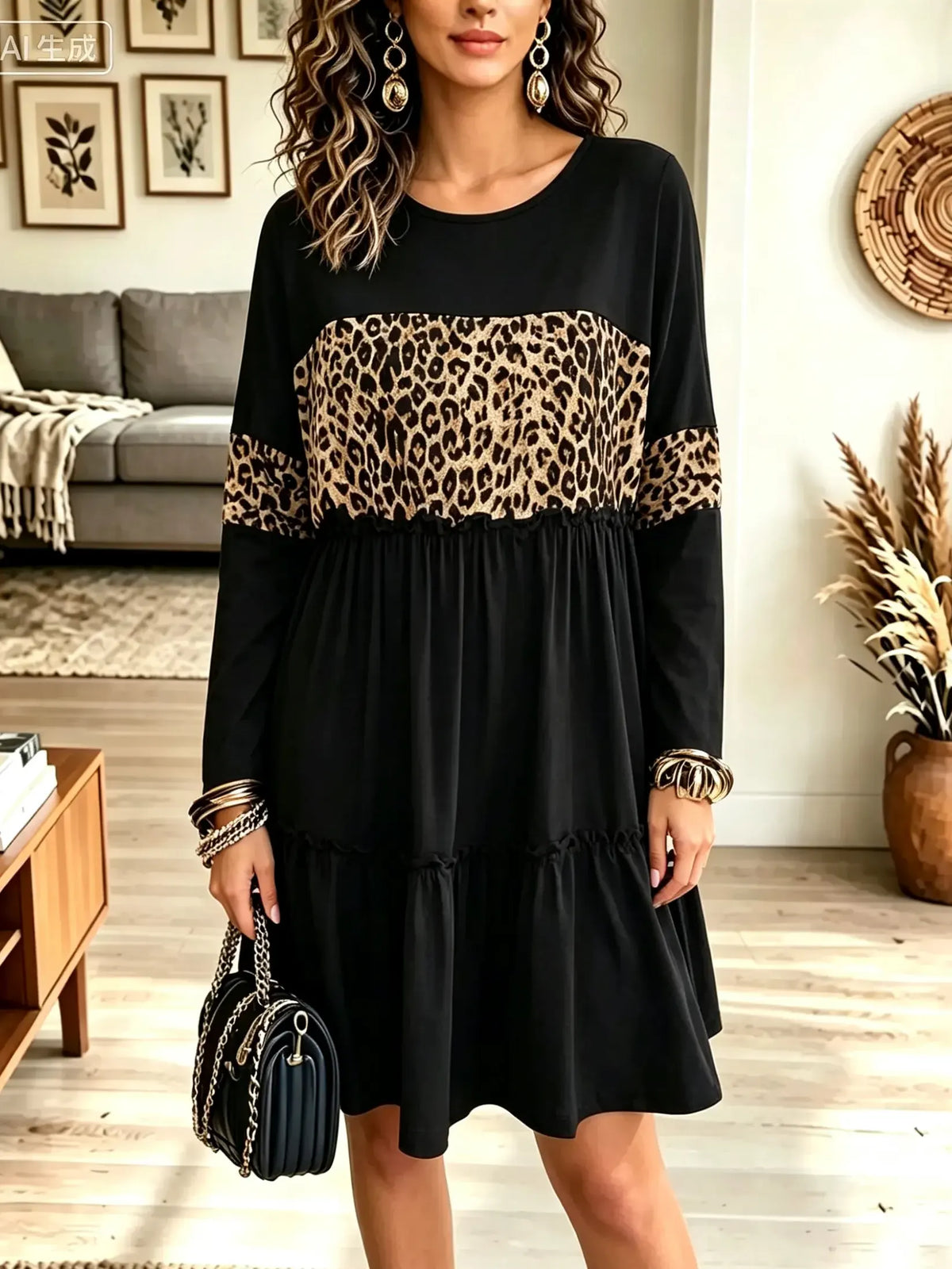 Women's Leopard Contrast Tiered Babydoll Dress