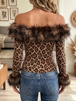 Women's Leopard Off-the-Shoulder Faux Fur Trim Top