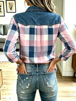 Vintage Plaid Pattern Art Denim Patchwork Casual Stylish Long Sleeve Shirt