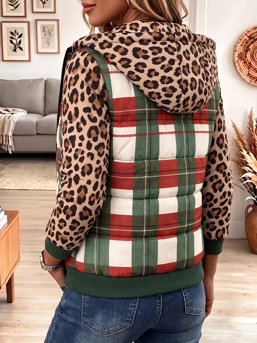 Vintage Elegant Leopard Print Patchwork Quilted Winter Jacket