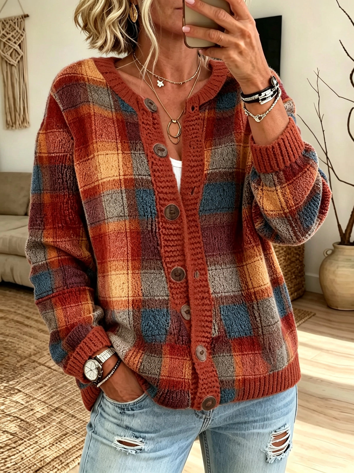 Women's Plaid Button-Down Knit Cardigan
