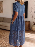 Vintage Elegant Hollowed Out Lace Patchwork Denim Dress