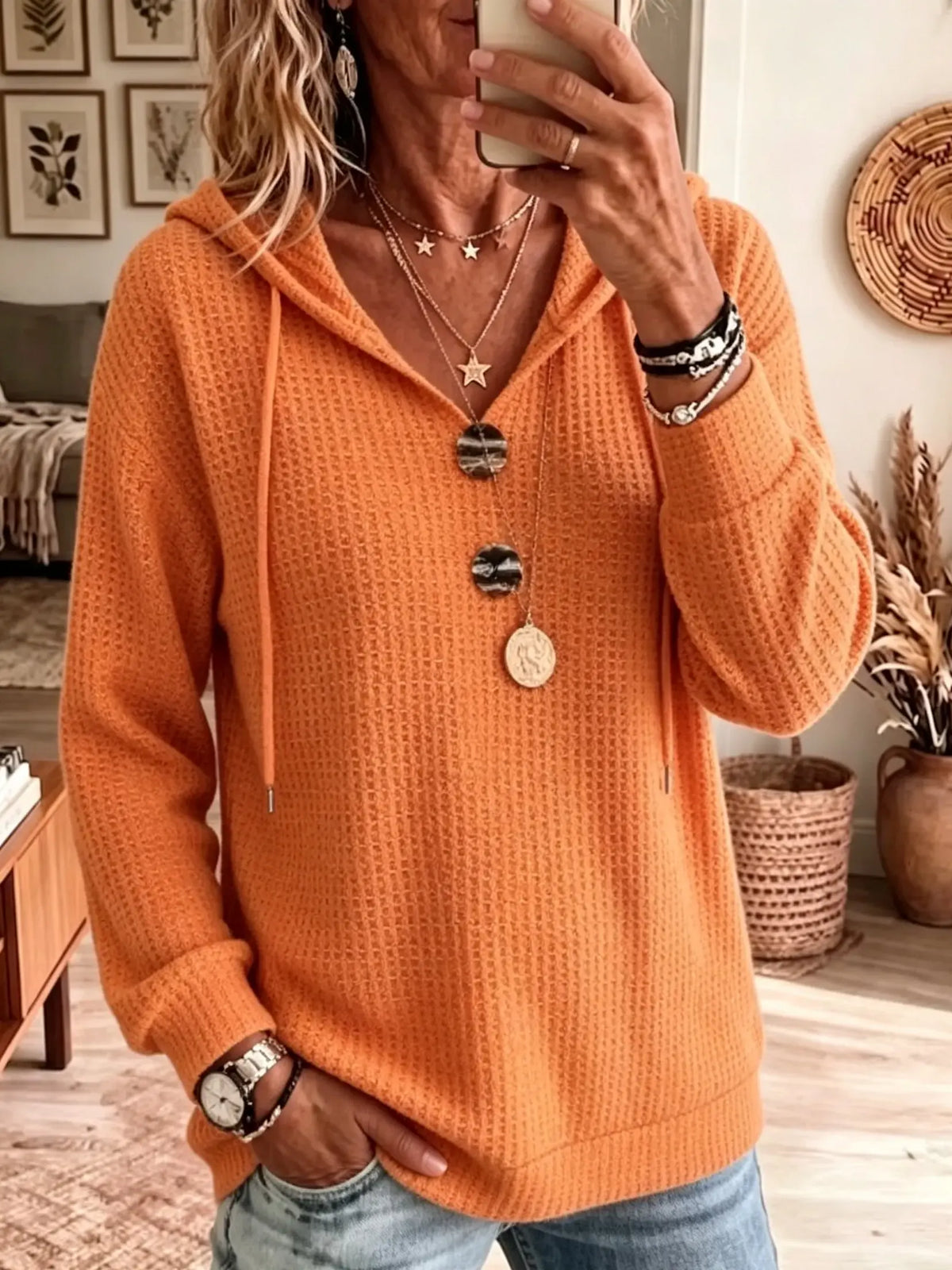 Women's Waffle Knit Drawstring Hooded Sweater